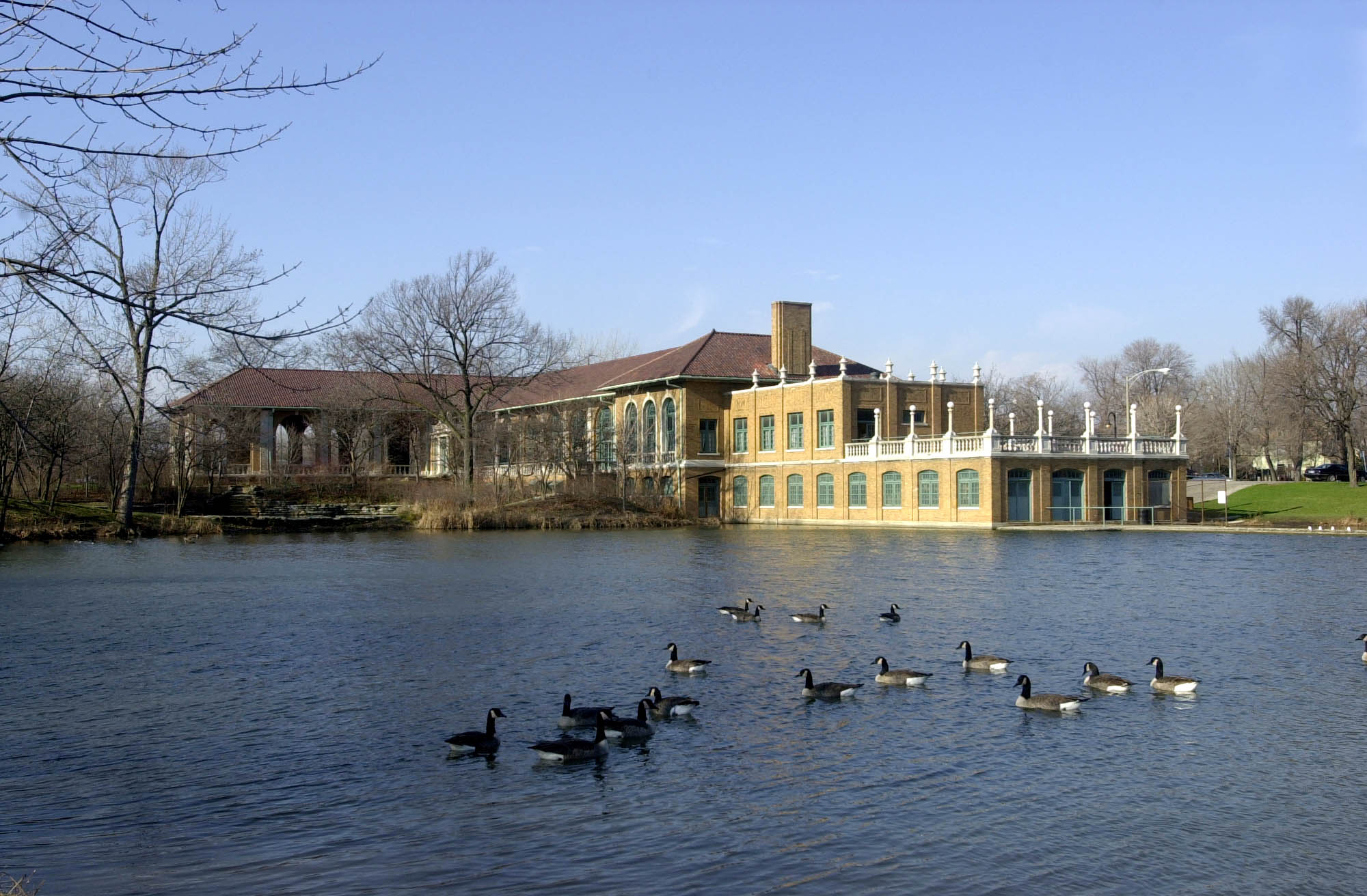 Boathouse on a calm lake with geese swimming in foreground.